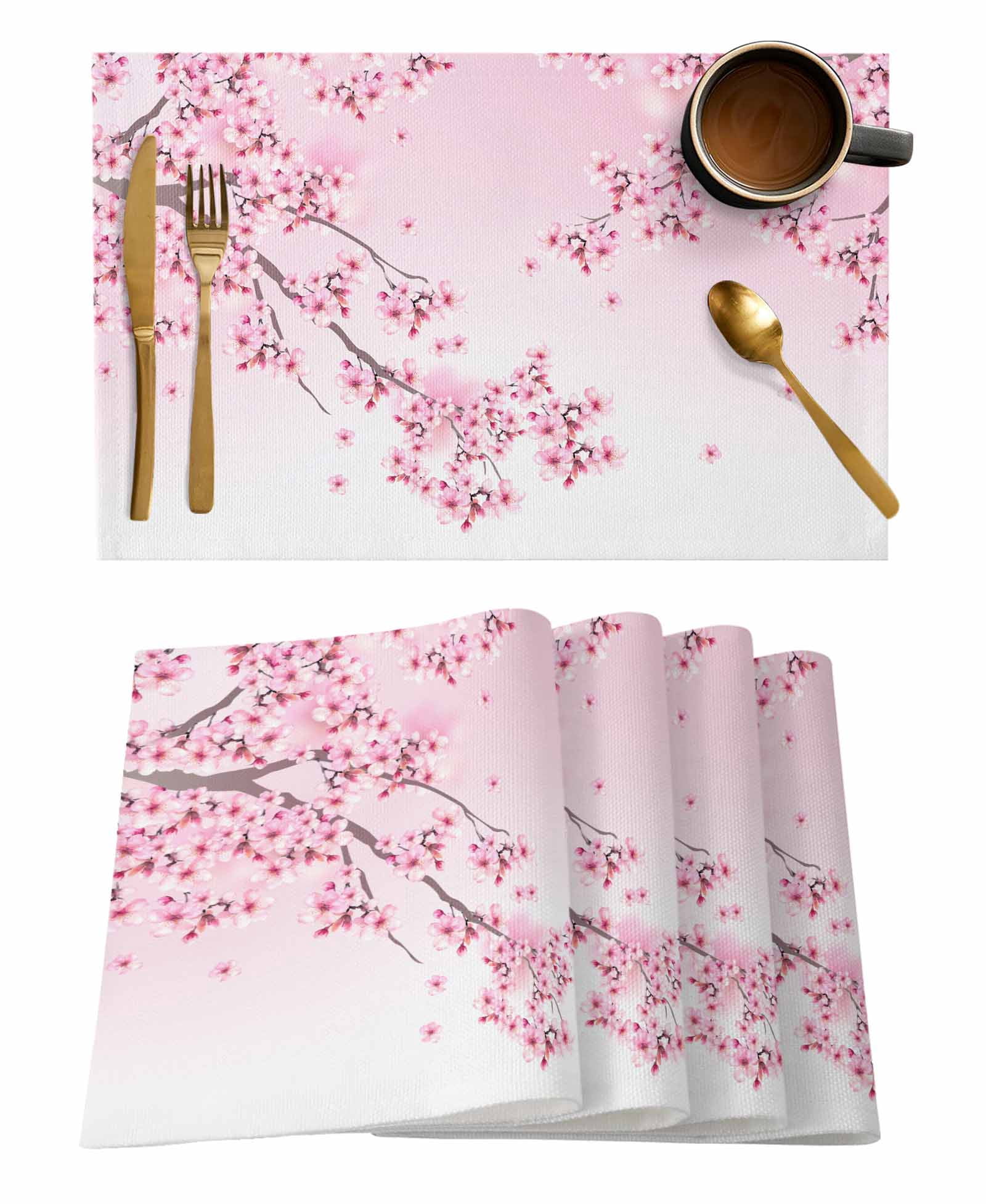 Cherry Blossom Placemats Set of 4, Gradient Tree Pink Flower Plant ...