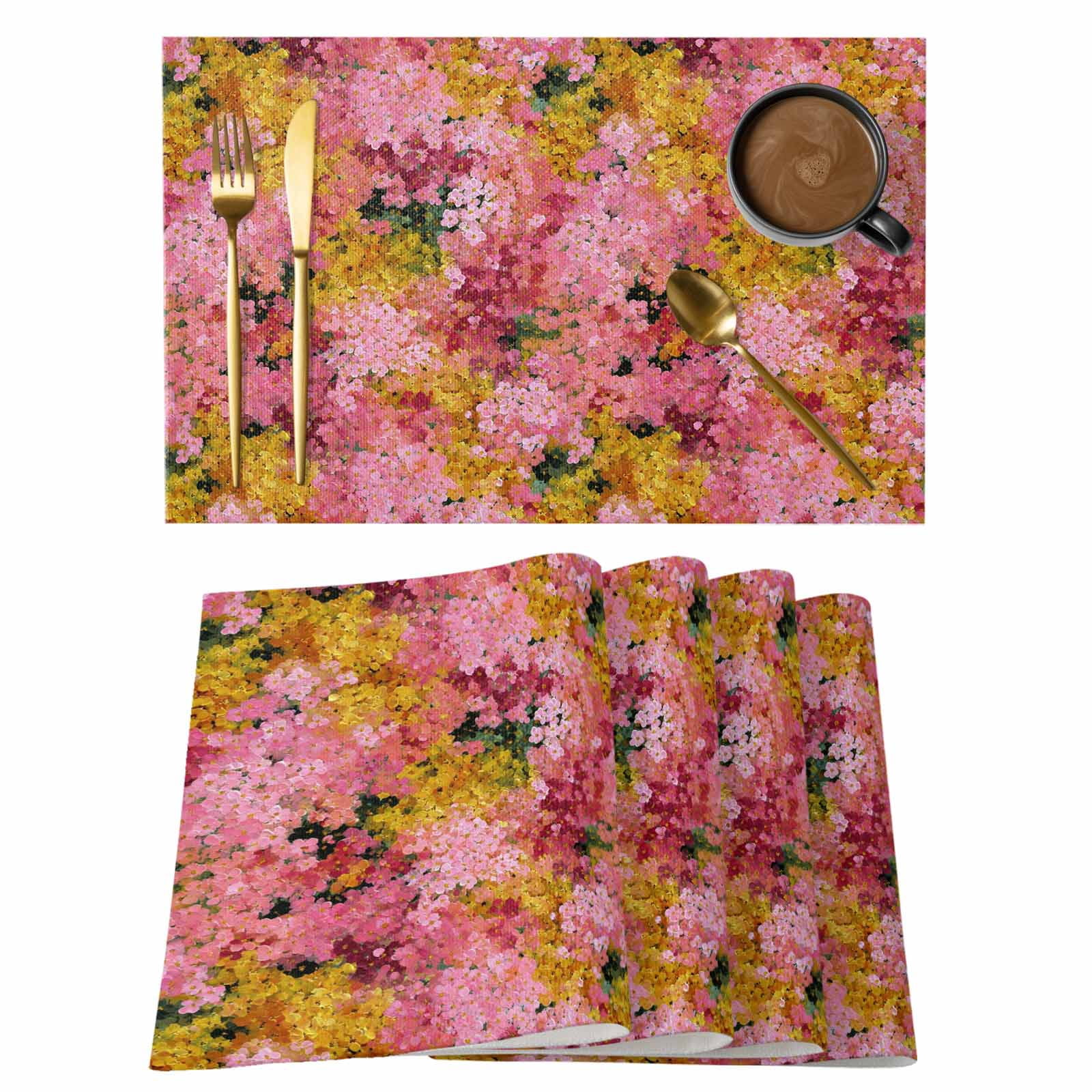 Cherry Blossom Placemats Set of 4, Pink Yellow Flowers Oil Painting Art ...