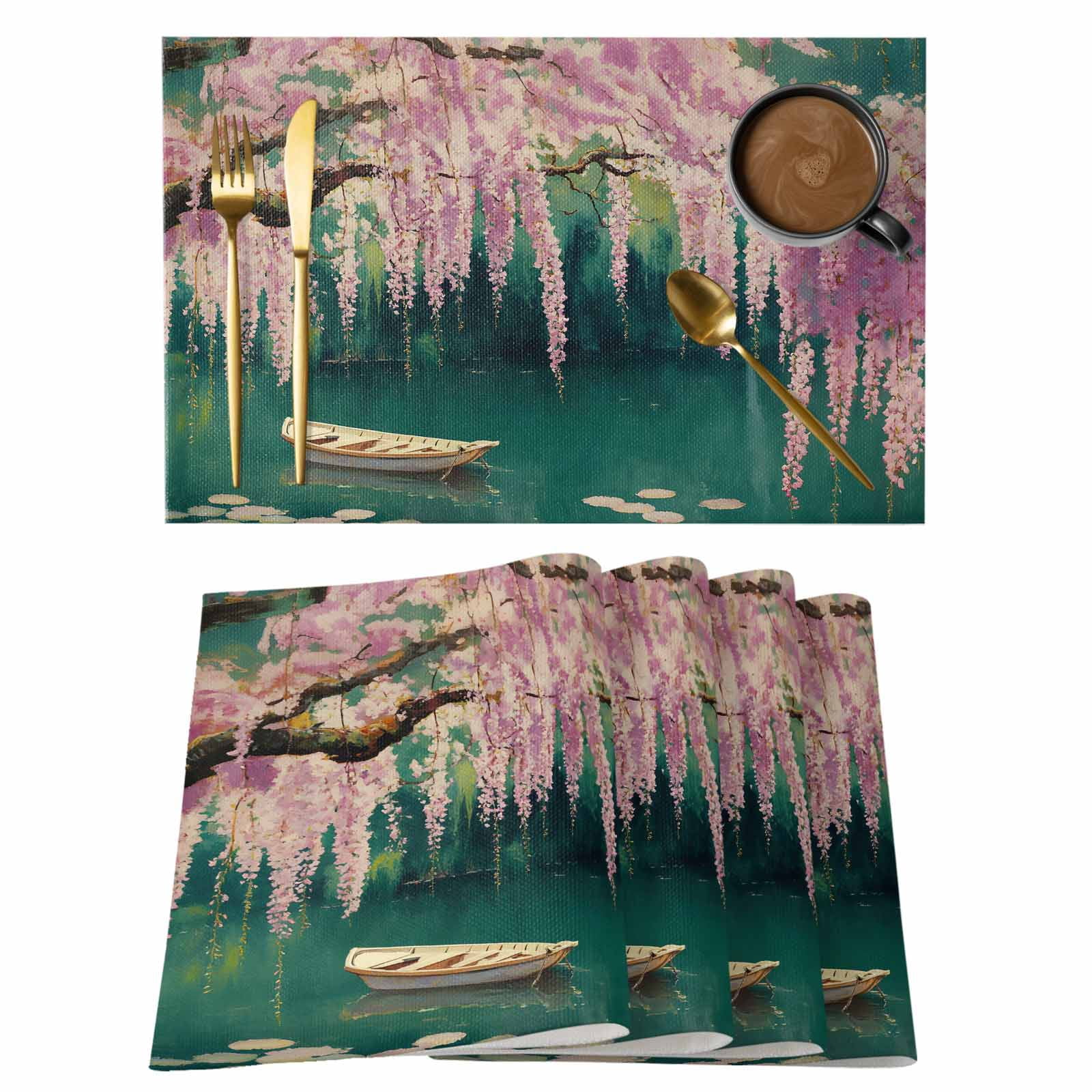 Cherry Blossom Placemats Set of 8 Forest Lake Boat Flowers Modern Paint ...
