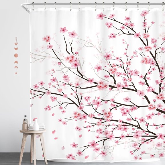 Cherry Blossom Plum Asian Shower Curtain Japanese Weeping Flower Sakura Pink Floral Watercolor Cute Branch Ink Plant Nature Scenery Waterproof Polyester Fabric Bathroom Bathtub