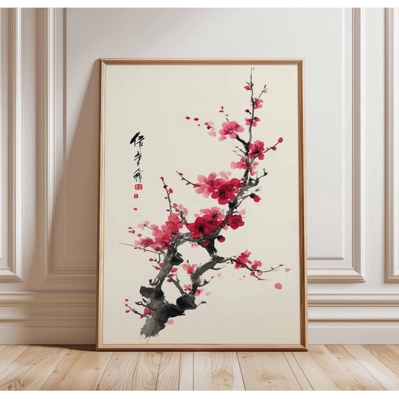 Cherry Blossom Poster Japanese Ink Wall Art Minimalist Sakura Decor, Unframed Poster