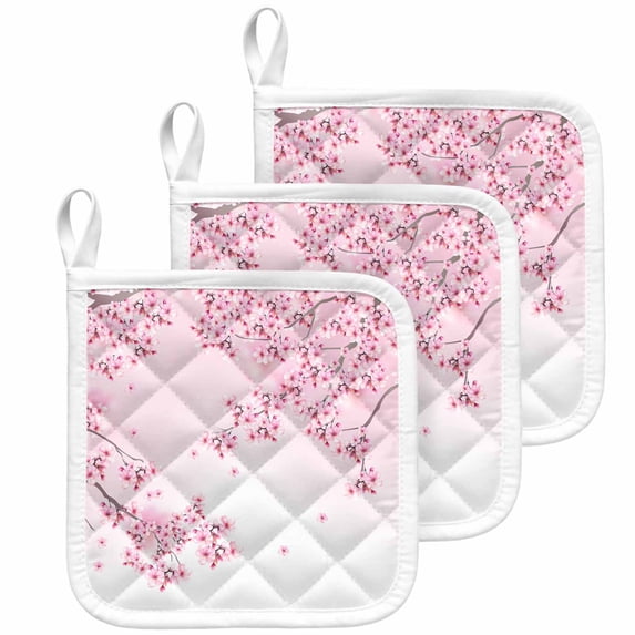 Cherry Blossom Pot Holders for Kitchen Heatproof Potholder, 3 Pack Gradient Tree Pink Flower Plant Hot Pads Multipurpose Oven Pads Cloth Potholders Trivet for Cooking Baking