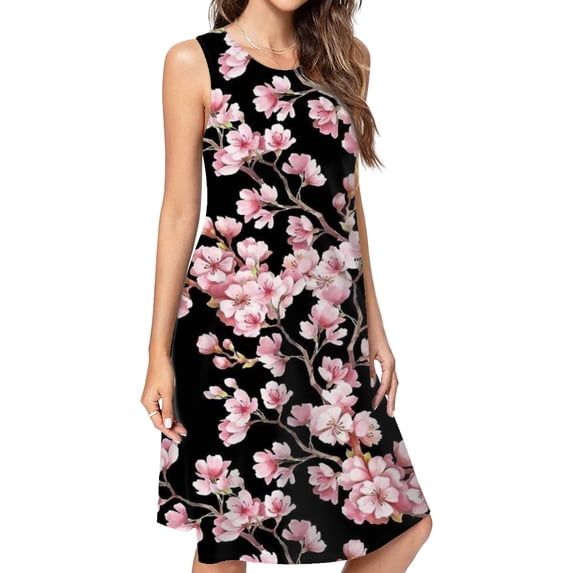 Cherry Blossom Print Casual Sleeveless Loose Sundress Dress For Women Summer Dress Daily Woman
