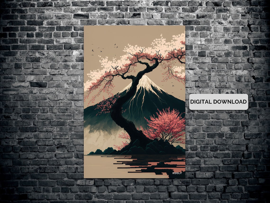 Cherry Blossom Print Japanese Style Print, For Poster, Mountain