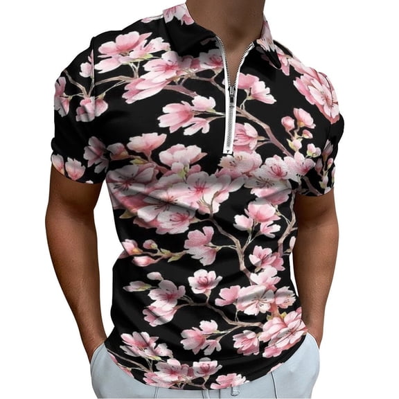 Cherry Blossom Print Men Zipper T-shirt Summer Casual Short Sleeve T-shirt Top