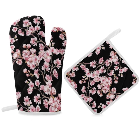Cherry Blossom Print Oven Gloves And Pots Stand Set Oven Gloves And Pot Racks Pot Racks And Oven Gloves Set