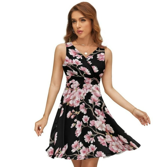 Cherry Blossom Print Sleeveless Dress Women Summer Evening Dresses Ladies Sundress