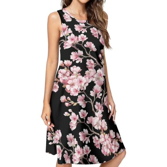 Cherry Blossom Print Spring Summer Dresses for Women Fashion T-shirt Dress Casual Sleeveless Loose Sundress with Pockets