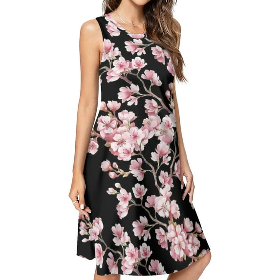 Cherry Blossom Print Spring Summer Dresses for Women Fashion T-shirt Dress Casual Sleeveless Loose Sundress with Pockets