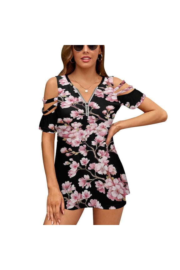 Cherry Blossom Print Womens Summer V Neck Zipper Top Short Sleeve T Shirt Off Shoulder Top Casual Classy Loose Shirts