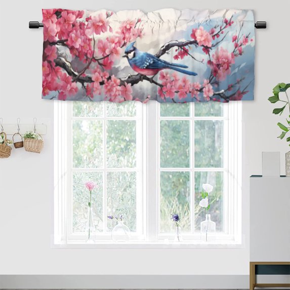 Cherry Blossom Printed Window Curtains Valances Hummingbird Flower Japanese Asian Watercolor Pink Floral Rod Pocket Window Valance for Living Room Bathroom Bedroom Kitchen 54 by 18 in, 1 Panel