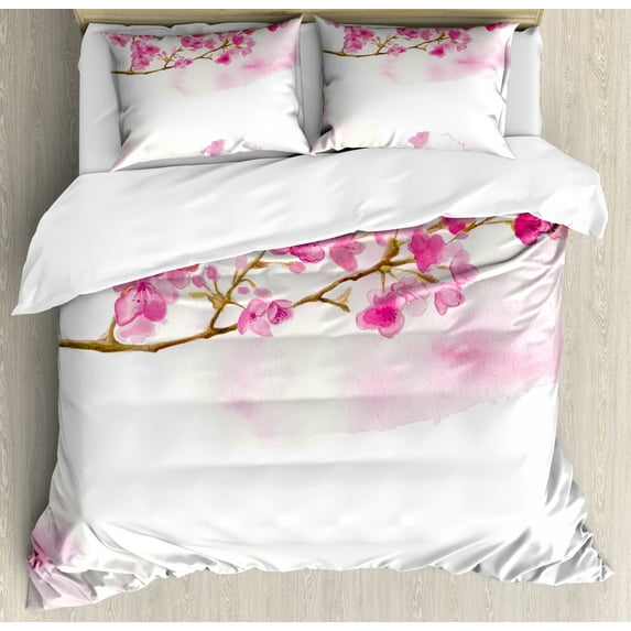 Cherry Blossom Queen Size Duvet Cover Set, Watercolor Art of Japanese Peaceful Blossom Gardens, Decorative 3 Piece Bedding Set with 2 Pillow Shams, Hot Pink Pale Pink and Pale Coffee, by Ambesonne