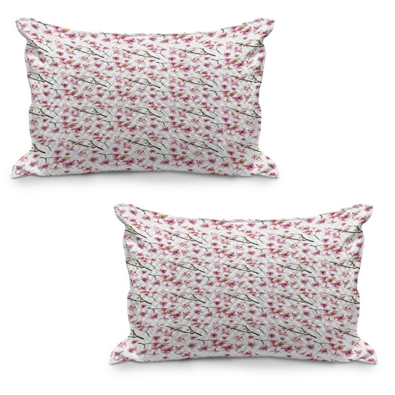 Cherry Blossom Quilted Pillowcover Set of 2, Watercolor Style Oriental Pattern with Sakura Branch, Standard Queen Size Pillow Cover for Bedroom, 30" x 20", Hot Pink Green Brown, by Ambesonne