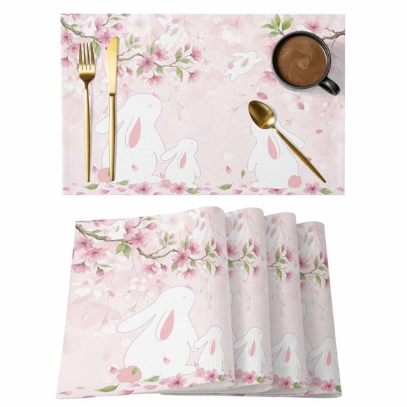 Cherry Blossom Rabbits Placemats Set of 4, Japanese Pink Cherry Floral Bunny Pink Non-Slip Place Mats Washable Table Mats for Kitchen Dining Table Decorations Indoor/Outdoor
