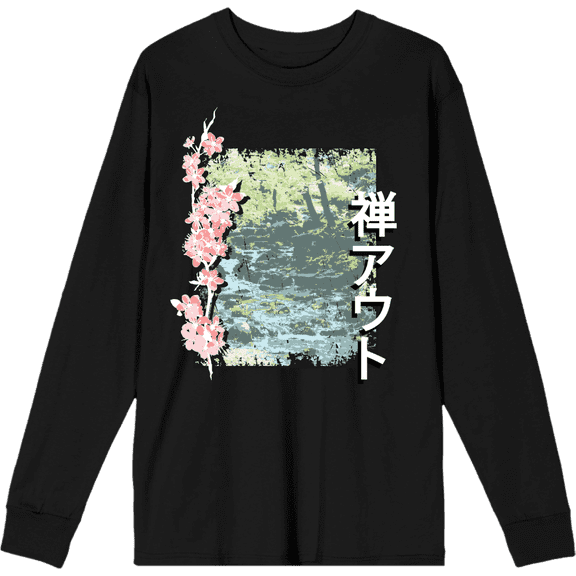 Cherry Blossom River Adult Black Crew Neck Long Sleee Tee-Medium