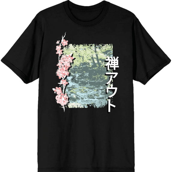 Cherry Blossom River Adult Black Crew Neck Short Sleee Tee-Medium
