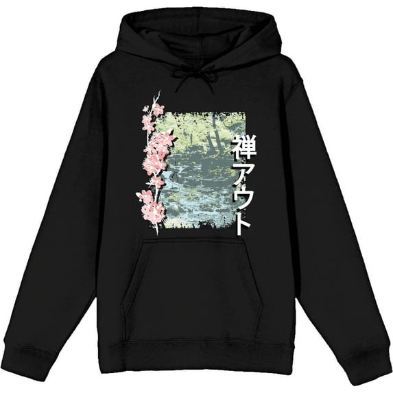 Cherry Blossom River Adult Black Long Sleeve Hoodie-Large