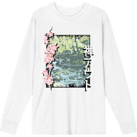 Cherry Blossom River Adult White Crew Neck Long Sleee Tee-3XL