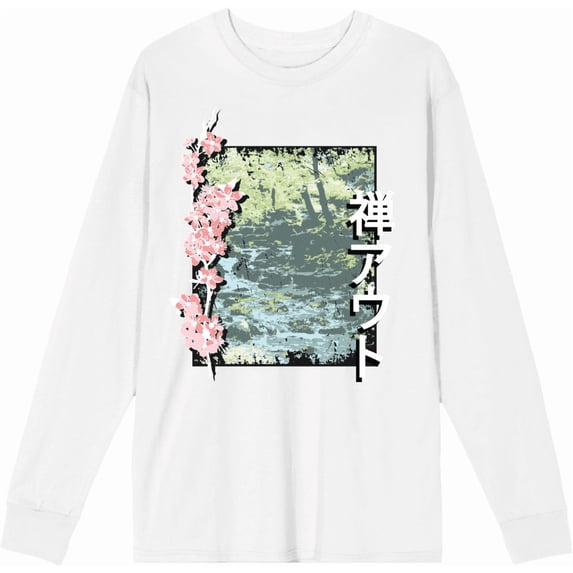 Cherry Blossom River Adult White Crew Neck Long Sleee Tee-Medium