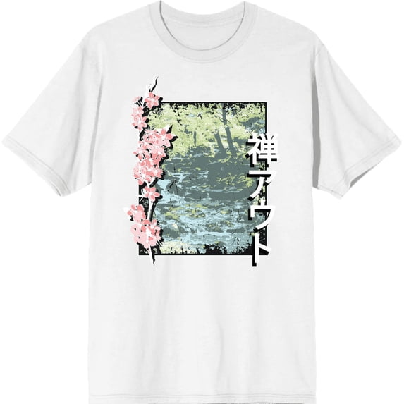Cherry Blossom River Adult White Crew Neck Short Sleee Tee-Medium