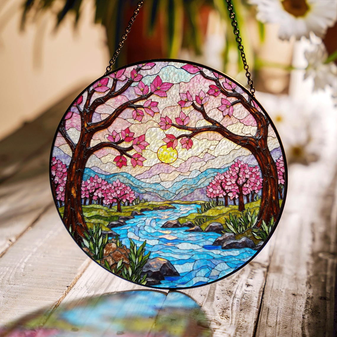Cherry Blossom River Spring Glass Suncatcher, Sakura Nature Window Art ...