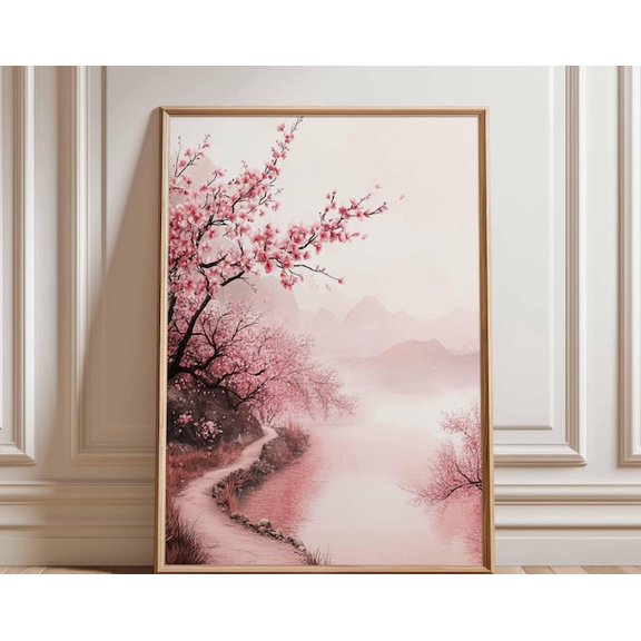 Cherry Blossom Riverside Sakura Wall Art Print, Unframed Paper Poster 8x10in