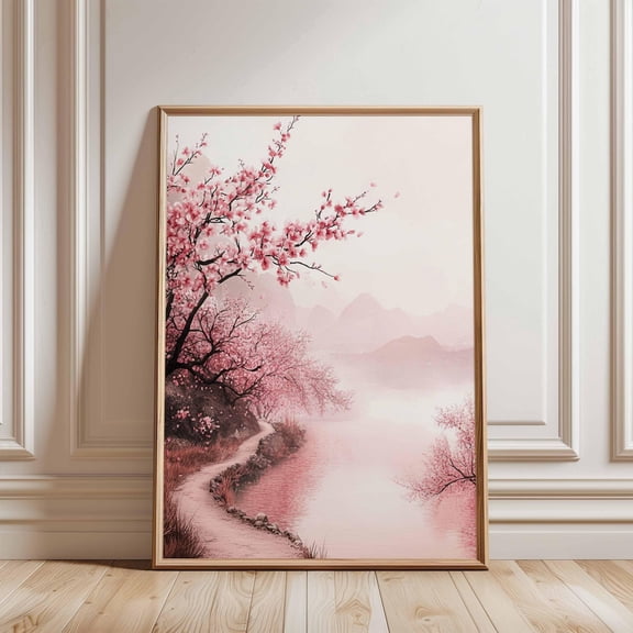 Cherry Blossom Riverside Wall Art, Japanese Sakura Landscape Poster, Tranquil Pink Nature Print For Modern Decor