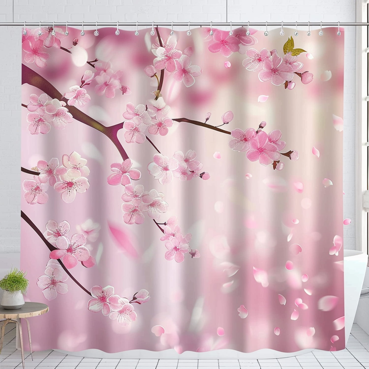 Cherry Blossom Romance Soft Pink Shower Curtain Set with Elegant