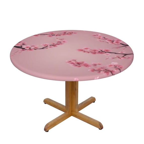 Cherry Blossom Round Fitted Tablecloths Table Covers Wipeable Waterproof Elastic for Kitchen Dinning Parties Wedding Picnic Medium Fits 45-50 Inch Table Size