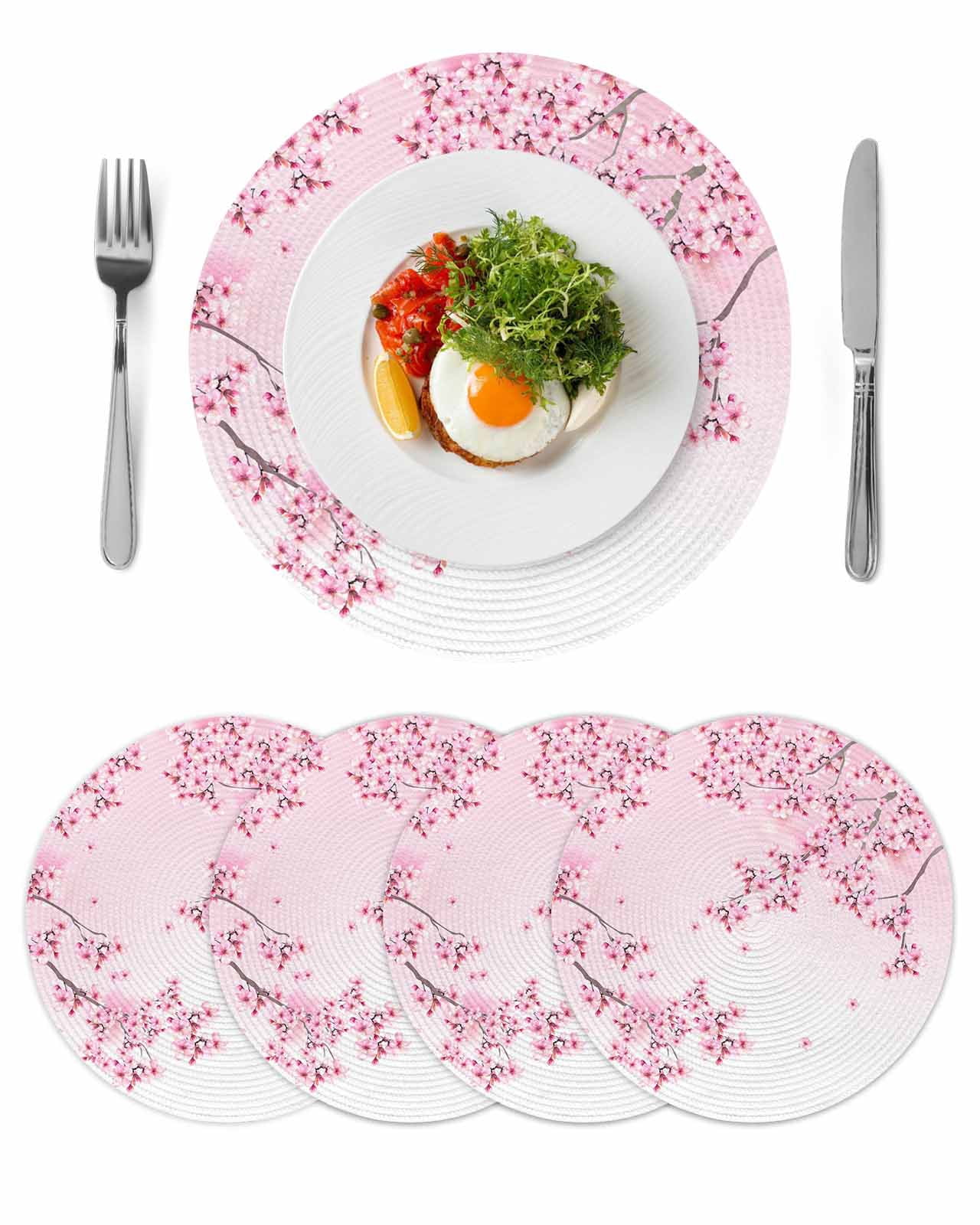 Cherry Blossom Round Placemats Set of 4, Braided Polypropylene Place ...