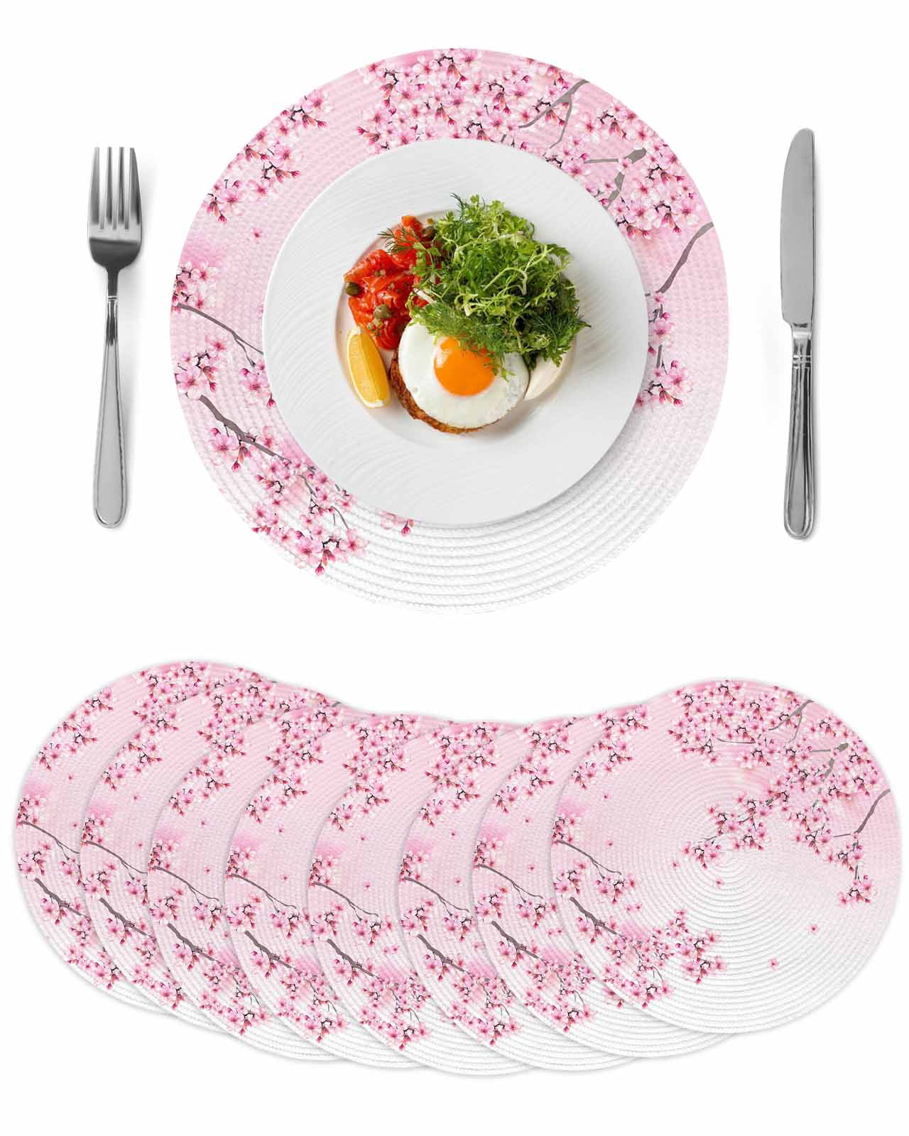 Cherry Blossom Round Placemats Set of 8, Braided Polypropylene Place ...