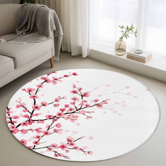 Cherry Blossom Round Rug 3ft Washable Circle Entryway Rugs Non Slip Spring Pink Floral Branches Watercolor Area Rug Indoor Floor Carpet for Bedroom Kitchen Living Room Home Office Dining Room Nursery