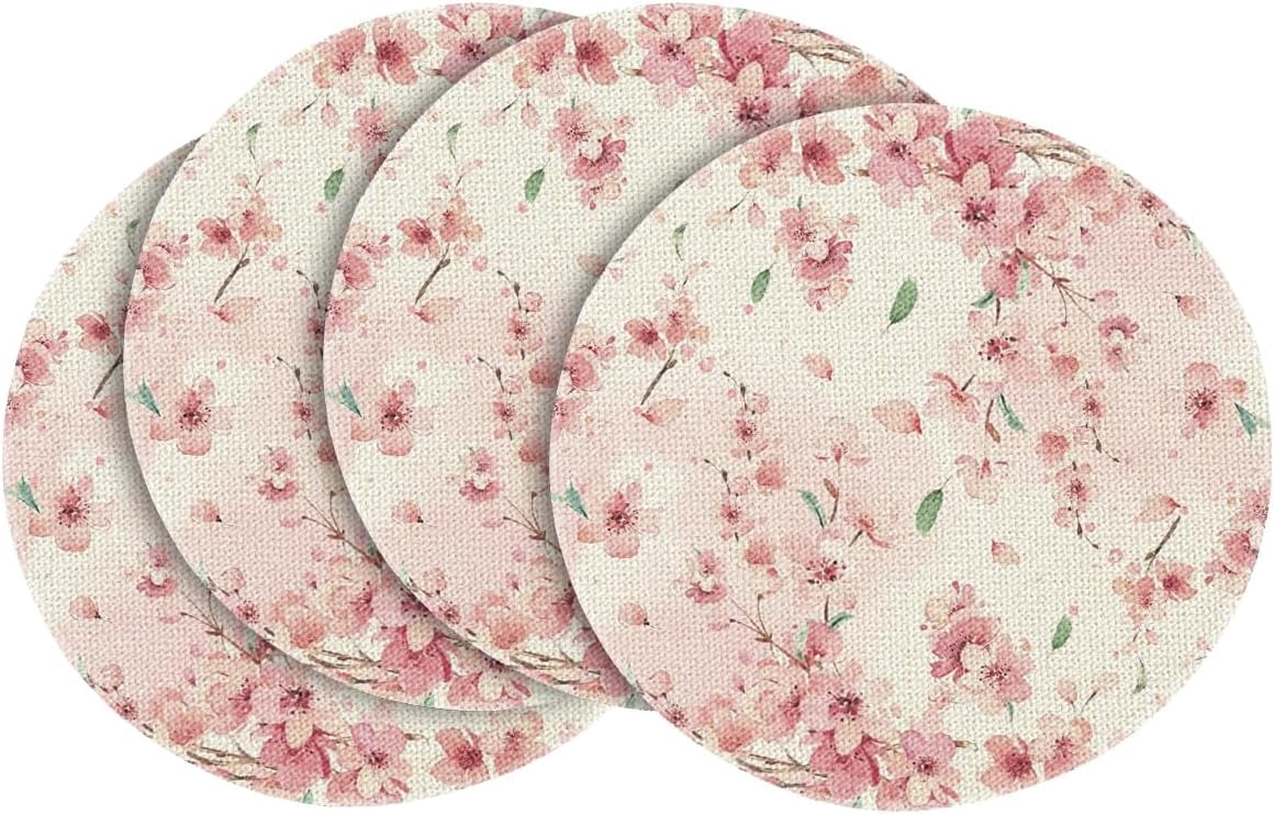 Cherry Blossom Round Spring Placemats Set of 4, 14 Inch Seasonal Summer ...