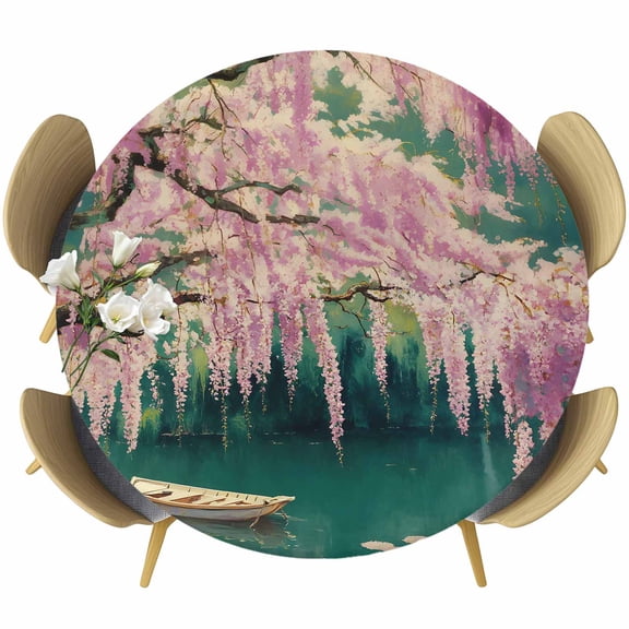 Cherry Blossom Round Tablecloth 55-60 Inch Round Fitted Table Cloth with Elastic Edge, Forest Lake Boat Flowers Modern Paint Waterproof Table Cover Protector for Outdoor Picnic Party Dining