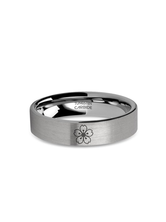 Cherry Blossom Sakura Engraved Tungsten Carbide Ring, Brushed, 6mm, Size 5.5