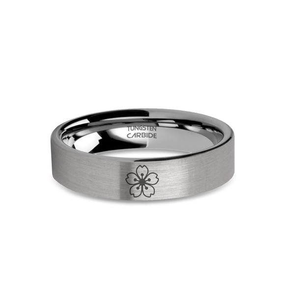 Cherry Blossom Sakura Engraved Tungsten Carbide Ring, Brushed, 6mm, Size 6