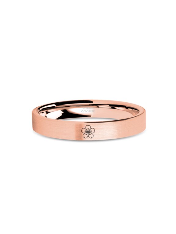 Cherry Blossom Sakura Engraved Tungsten Rose Gold Ring, Brushed, 4mm, Size 6