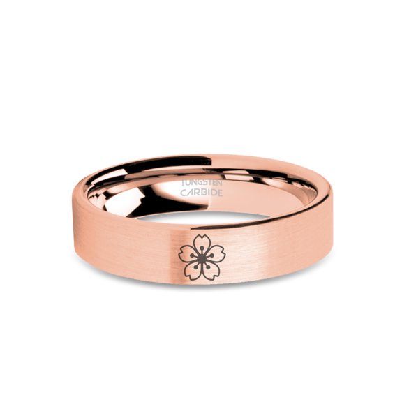 Cherry Blossom Sakura Engraved Tungsten Rose Gold Ring, Brushed, 6mm, Size 5