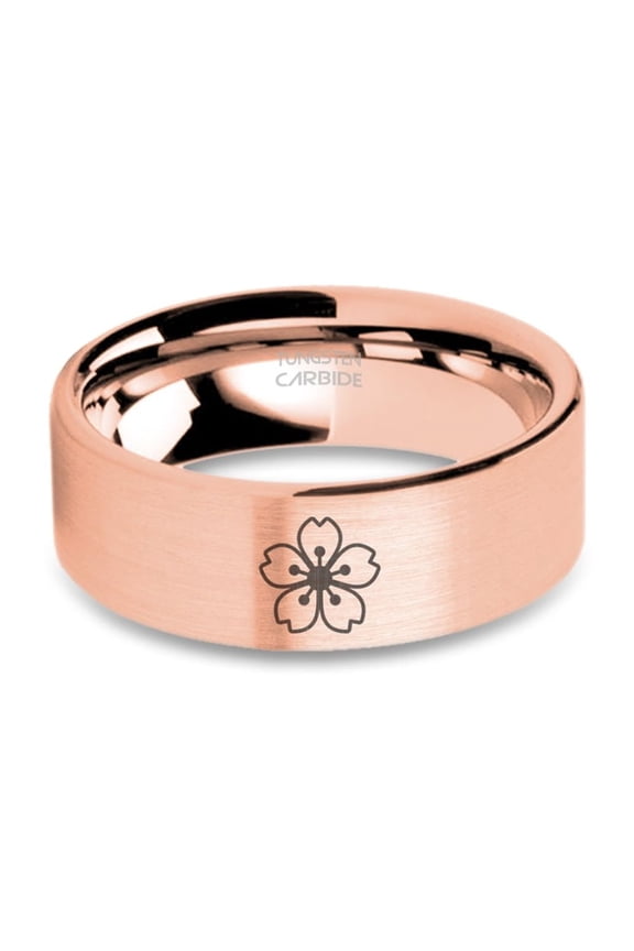 Cherry Blossom Sakura Engraved Tungsten Rose Gold Ring, Brushed, 8mm, Size 10