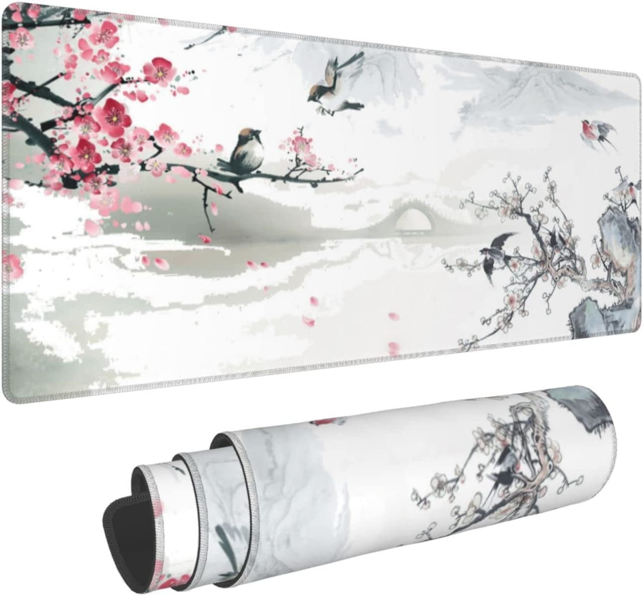Cherry Blossom Sakura Gaming Mouse Pad 31.5×11.8inch with Stitched Edges Extended Waterproof Desk Pads Non-Slip Rubber Base Large Keyboard Mat Computer Gaming Mousepad for Work/Office/Home (Ten)