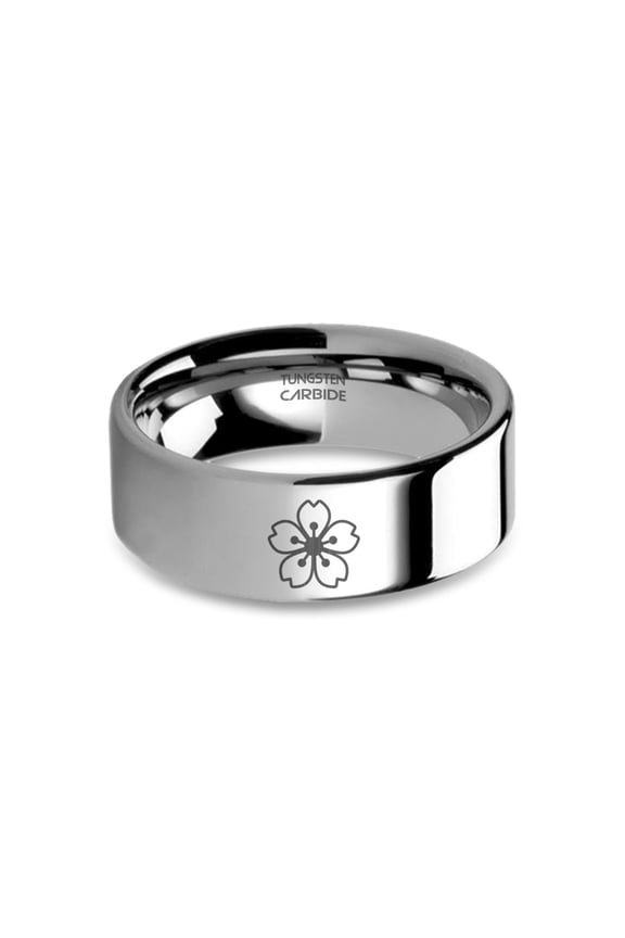 Cherry Blossom Sakura Laser Engraved Silver Tungsten Carbide Ring, 8mm, Size 5