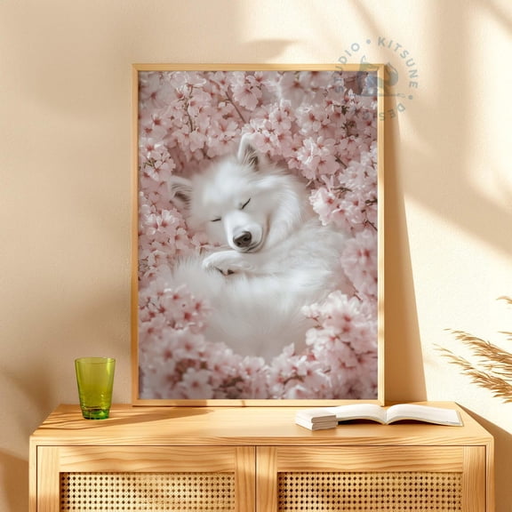 Cherry Blossom Samoyed Dog Spring Pet Portrait Unframed Paper Print