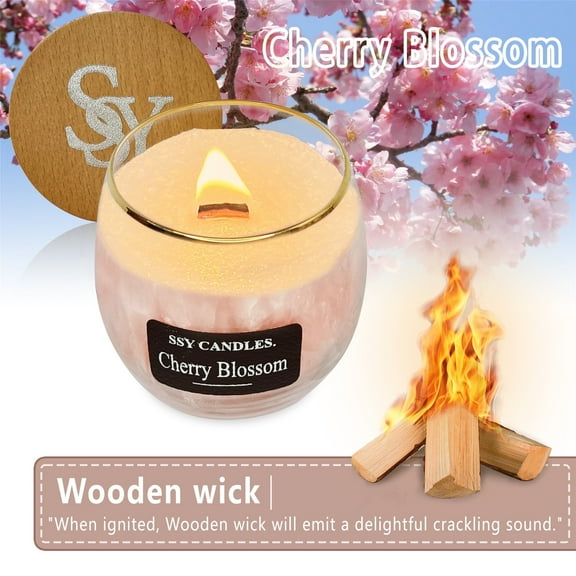 Cherry Blossom Scented Candles for Home-Jar Candles 7.9 oz Burn Time 50+ H - Wooden Wick Candle - Candles Gift for Women