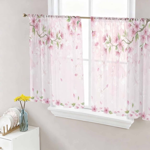 Cherry Blossom Sheer Curtains 54 Inch Length 2 Panels Set, Spring Farmhouse Botanical Flowers Voile Window Treatment Rod Pocket Short Kitchen Curtains Drapes for Bedroom 52"x54"x2