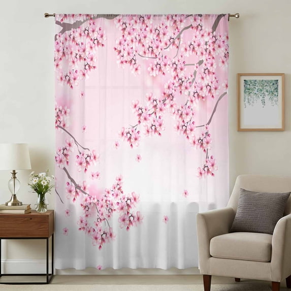 Cherry Blossom Sheer Curtains 54 Inches Long, Gradient Tree Pink Flower Plant Light Filering Curtains, Breathable Simi Curtain Privacy Drapes for Kitchen Bathroom Nursery Small Window Treatment