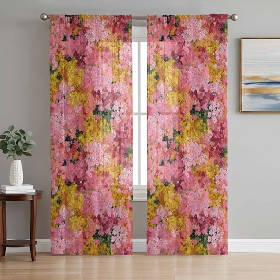 Cherry Blossom Sheer Curtains 63 Inch Length 2 Panels Set, Pink Yellow Flowers Oil Painting Art Voile Window Treatment Rod Pocket Curtains Sheers Drapes for Bedroom/Living Room/Kitchen 52x"63"x2
