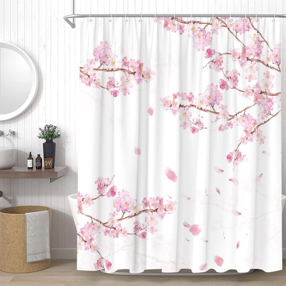 Cherry Blossom Shower Curtain Asian Japanese Chinese Plum Floral Aesthetic White Bathroom Decor Curtains Set with Hooks, 70" W x 70" H
