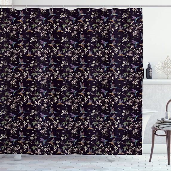 Cherry Blossom Shower Curtain, Flappy Broad-Tailed Hummingbirds Flying Around White Cherry Blossom Trees, Fabric Bathroom Set with Hooks, 69W X 84L Inches Extra Long, Multicolor, by Ambesonne
