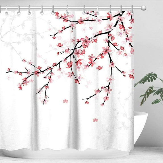 Cherry Blossom Shower Curtain, Floral Shower Curtain Set with 12 Hooks, Pink Shower Curtain, Shower Curtain Japanese , Machine Washable, 72" W x 72" H