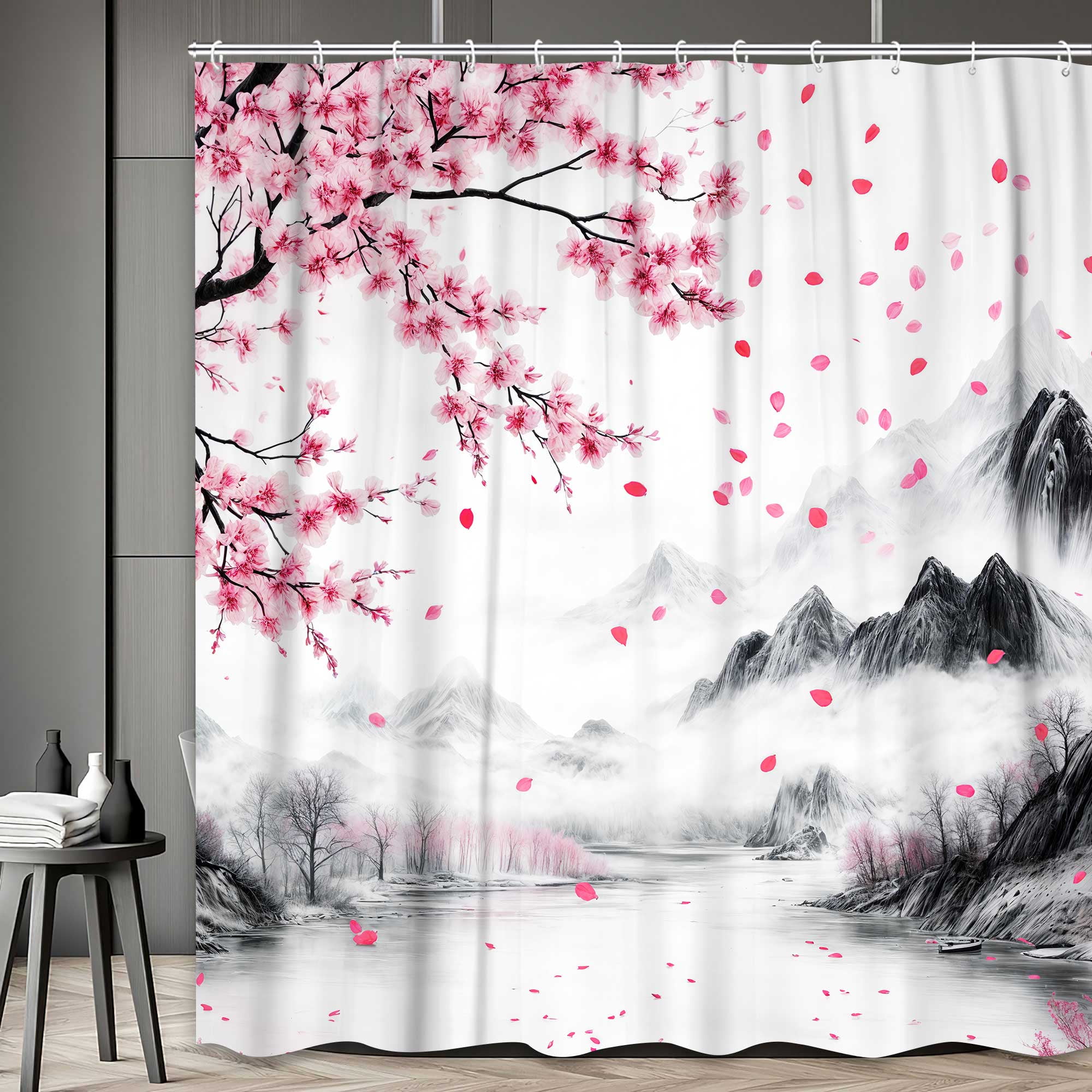Cherry Blossom Shower Curtain, Japanese Asian Pink Floral Asian Mountain Bathroom Decor, Waterproof Cloth Fabric Bath Curtain with Hooks, 72X72in
